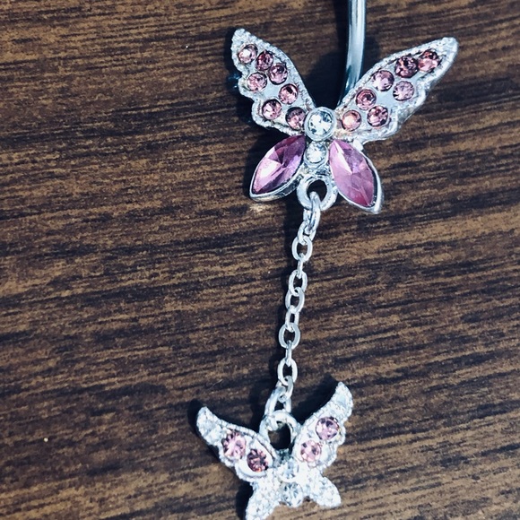 Pink Double-Tier Butterfly Belly Button Ring - Picture 3 of 3